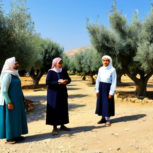 A diverse group of adults, fully clothed in modest, practical attire, actively participating in a traditional olive harvest at a sun-drenched rural farm in a Middle Eastern village. They are smiling, engaged, and learning from a local elder who is also fully clothed in traditional, appropriate dress. The scene features ancient olive trees, rustic stone buildings, and a clear blue sky. The atmosphere is warm, inviting, and community-focused, highlighting genuine cultural exchange and sustainable practices. Perfect anatomy, correct proportions, natural poses, well-formed hands, proper finger count, natural body proportions. Professional photography, high quality, vibrant colors, soft natural light, safe for work, appropriate content, fully clothed, family-friendly.