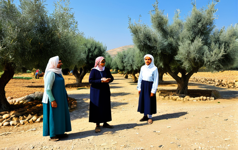A diverse group of adults, fully clothed in modest, practical attire, actively participating in a traditional olive harvest at a sun-drenched rural farm in a Middle Eastern village. They are smiling, engaged, and learning from a local elder who is also fully clothed in traditional, appropriate dress. The scene features ancient olive trees, rustic stone buildings, and a clear blue sky. The atmosphere is warm, inviting, and community-focused, highlighting genuine cultural exchange and sustainable practices. Perfect anatomy, correct proportions, natural poses, well-formed hands, proper finger count, natural body proportions. Professional photography, high quality, vibrant colors, soft natural light, safe for work, appropriate content, fully clothed, family-friendly.