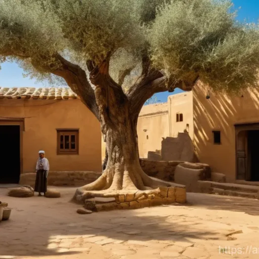 농촌관광지도사와 정부지원 사업 - A serene and picturesque ancient Arab village nestled within lush green valleys, under a clear blue ...