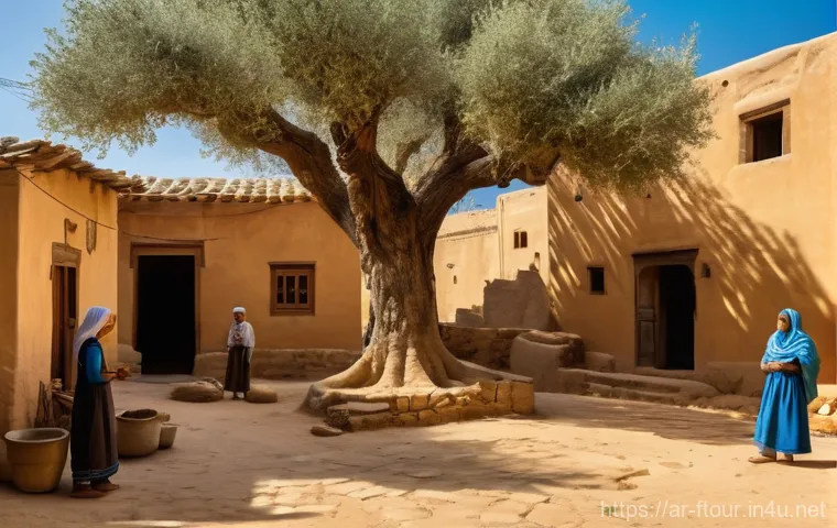 농촌관광지도사와 정부지원 사업 - A serene and picturesque ancient Arab village nestled within lush green valleys, under a clear blue ...