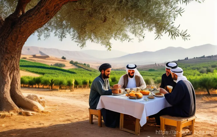 농촌관광지도사와 정부지원 사업 - An authentic handicraft workshop scene inside a rustic, well-lit Arab village home. A skilled Arab w...