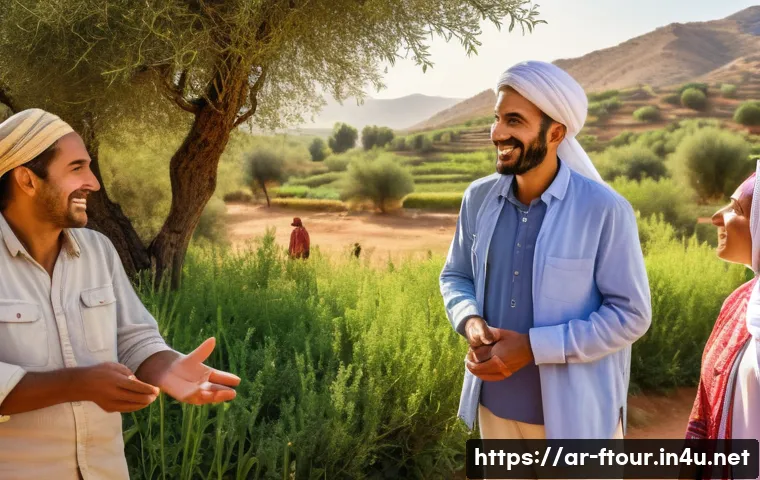 농촌관광지도사 실무 일기 - A friendly rural tour guide engaging with a diverse group of visitors in a lush green countryside se...