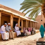 농촌관광지도사로 창업하기 - A vibrant rural tourism scene in an Arabic countryside village during a sunny day, featuring a diver...