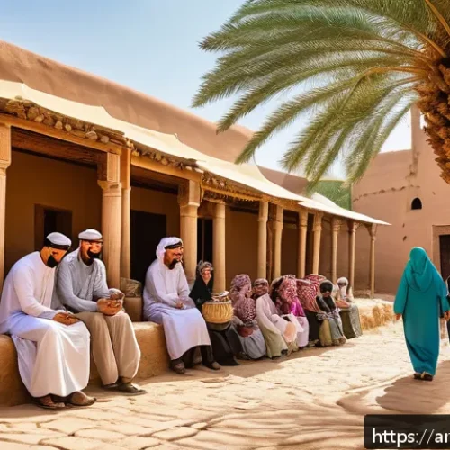 농촌관광지도사로 창업하기 - A vibrant rural tourism scene in an Arabic countryside village during a sunny day, featuring a diver...