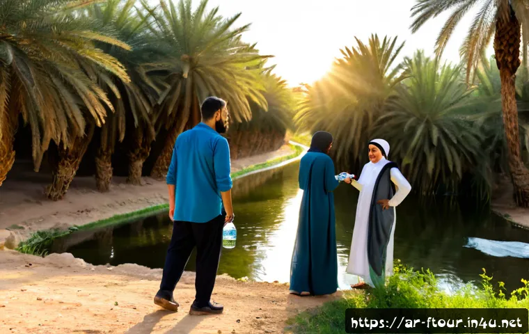 농촌관광지도사와 지속 가능한 관광 - Photorealistic sustainable rural tourism scene in an Arab countryside oasis, a knowledgeable local t...